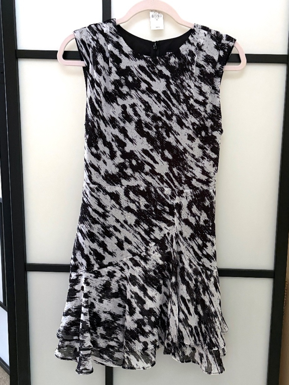 Express Metallic Printed Pleated Shoulder Ruffle Mini Dress XS